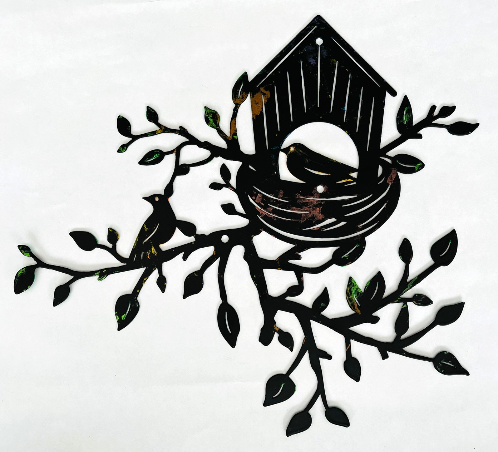 Tree Branch with Birds Bird House Metal Wall Art Hand Painted Metallic Paints