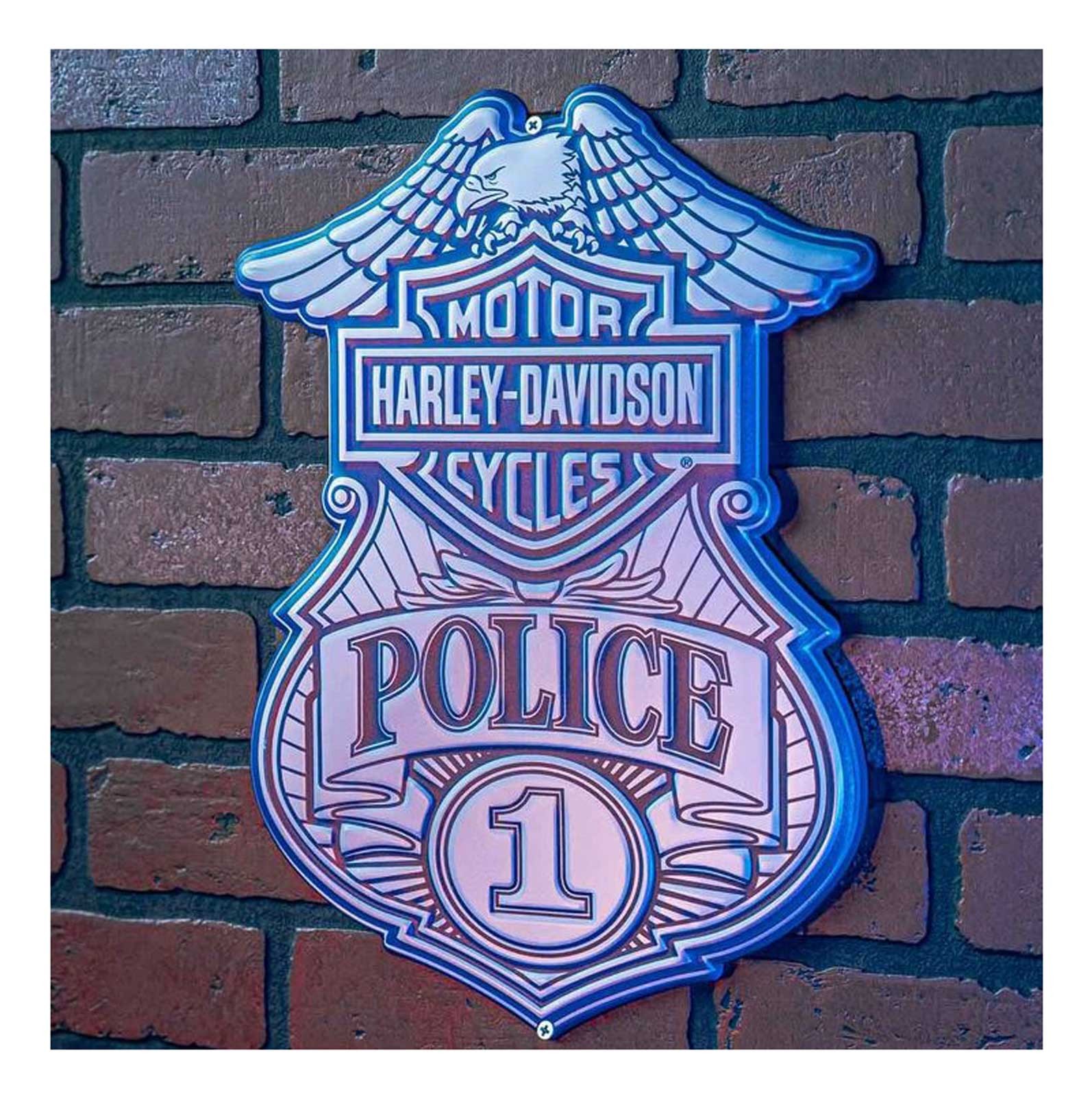 Harley-Davidson Embossed Police Shield Metal Sign, Custom Shaped Blue & Gray