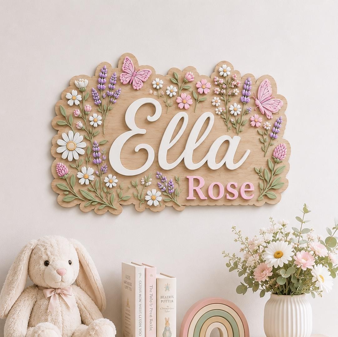 Personalized 3D Wood Name Sign, Floral Butterfly Nursery Decor, Boho Baby Girl