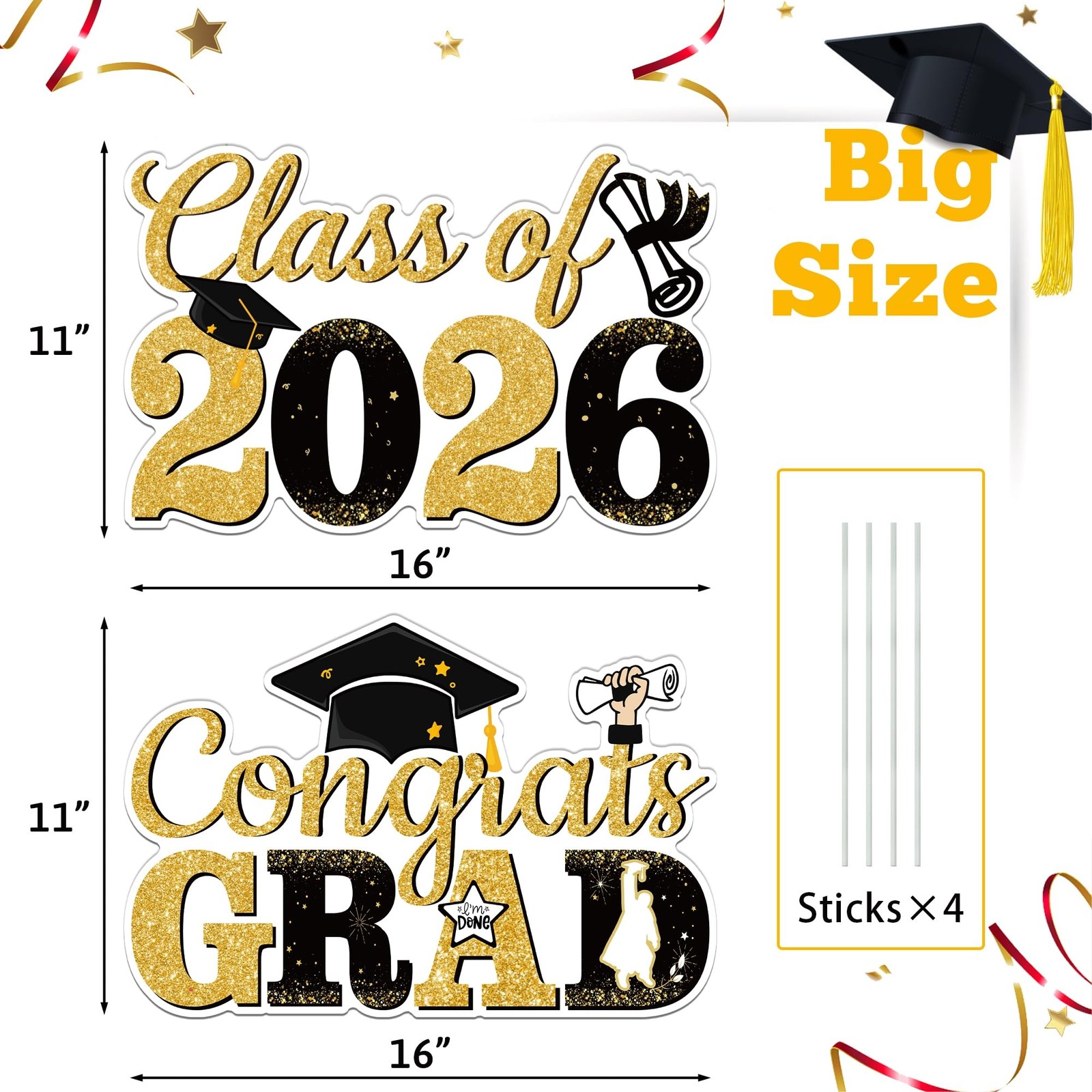 Graduation Yard Signs Class of 2026, 2 PCS Black and Gold 2026 Graduation Dec…