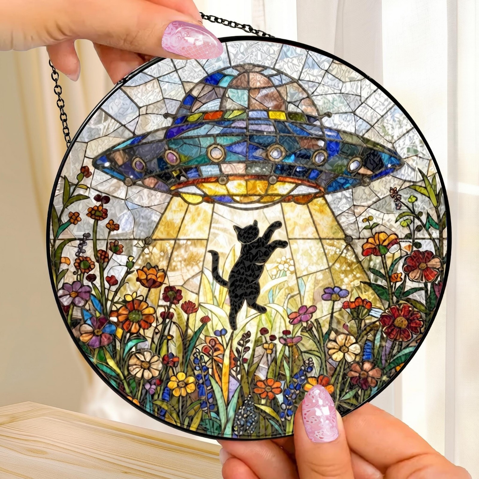 UFO Abduction Black Cat Suncatcher – Custom Alien Spaceship Window Decor