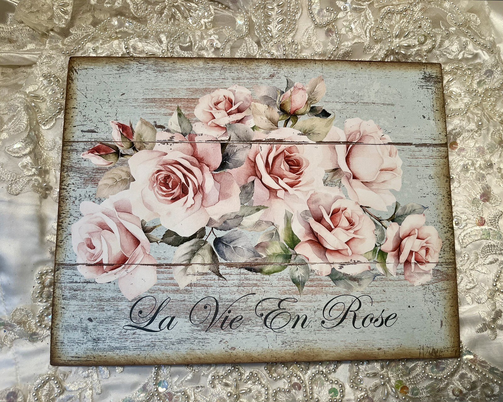 French Pink Roses Shabby Chic Handcrafted Plaque Sign