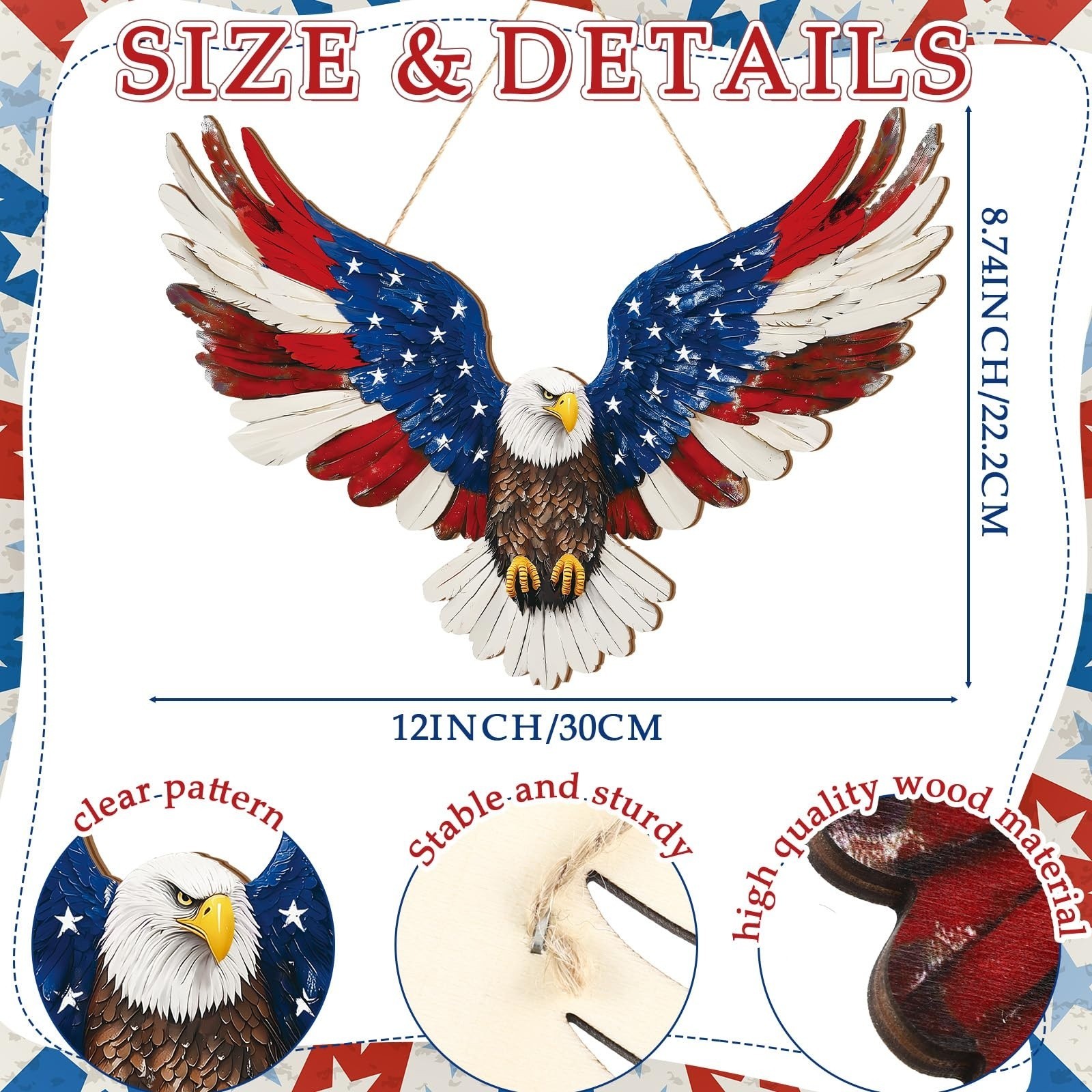 12in. Patriotic Eagle Wreath Door Sign Wooden 4th of July Memorial Day Decor New