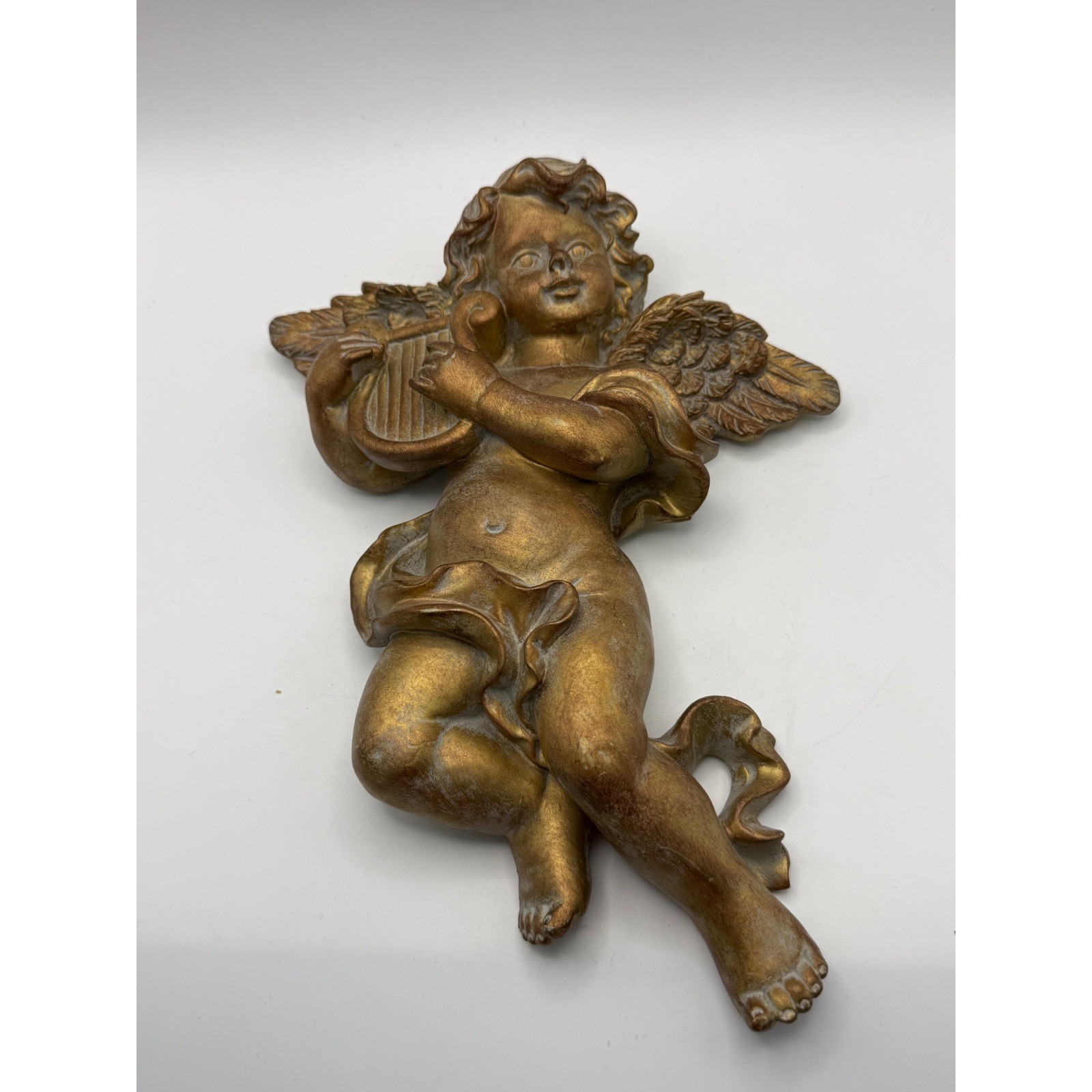 Vintage Angelico Renaissance Angel Collection Gold Cherub Lyre Wall Plaque Decor