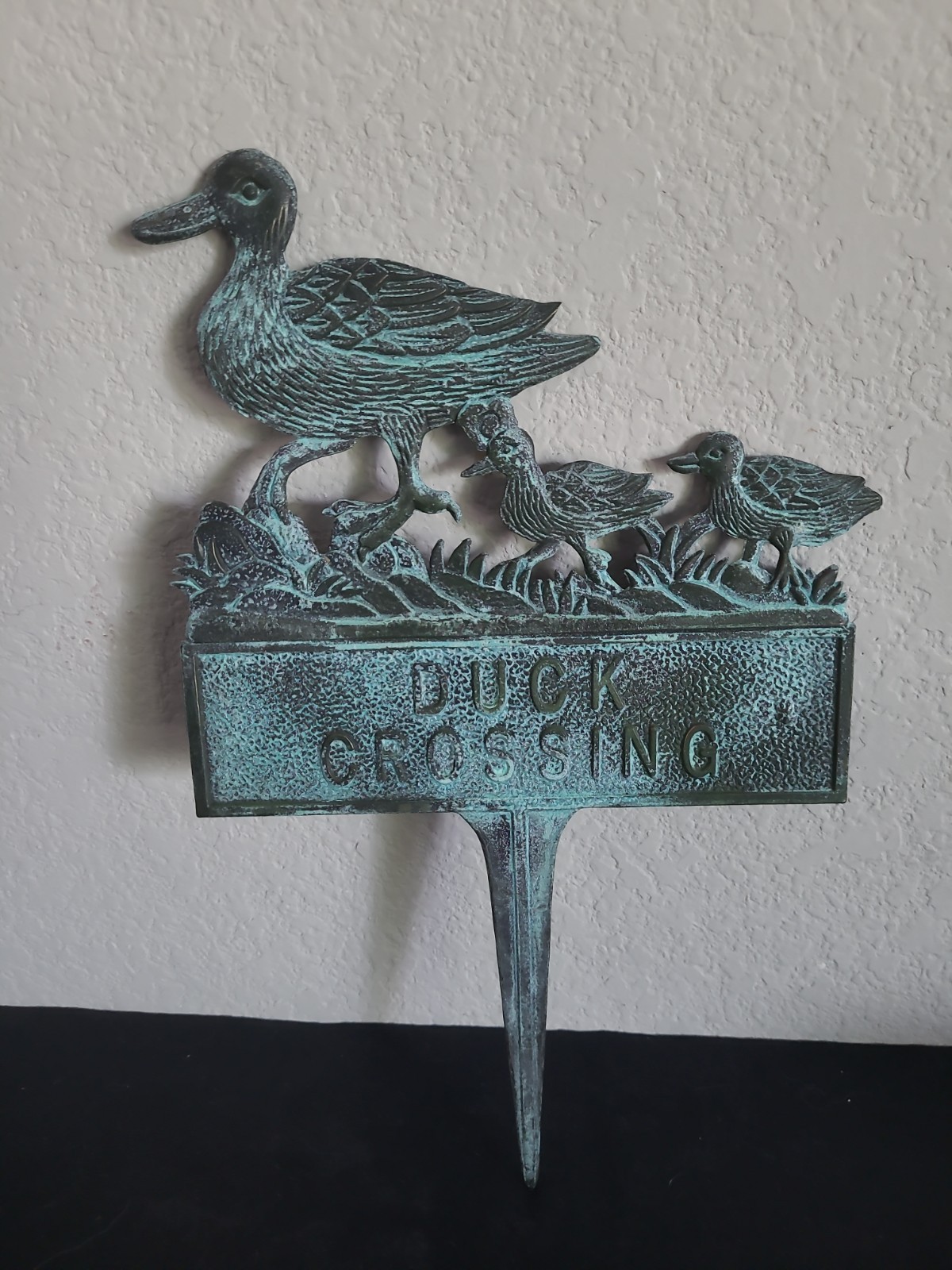 Vinatge Duck Crossing Yard Sign With Verdigris Green Patina