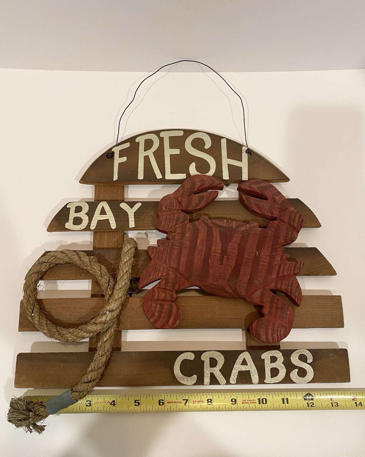 Vintage Wooden Nautical Crab Sign Wall Art Decor With Rustic Rope 14”x16”