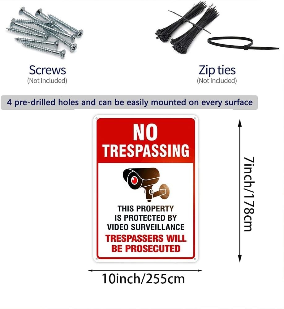 Weatherproof No Trespassing Video Surveillance Sign – 10×7 Inch Aluminum 2-Pack