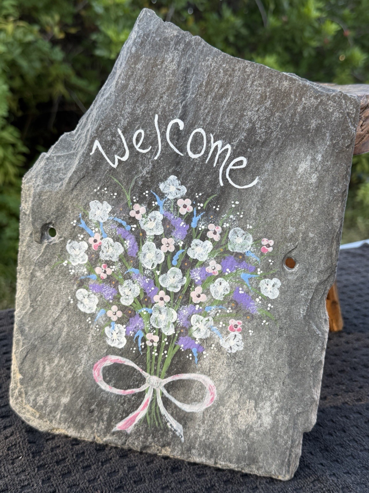 Vintage Hand-Painted Slate Welcome Plaque Floral Garden, Cottagecore