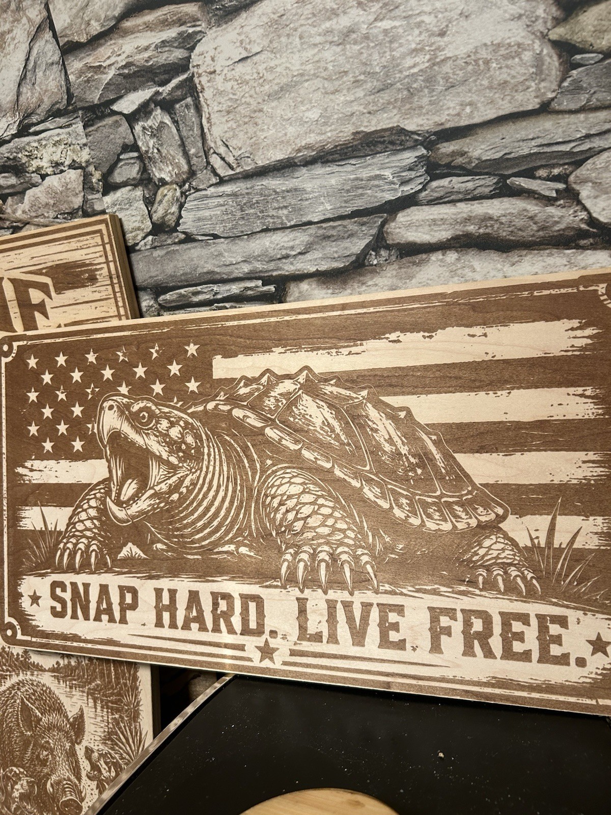 Live Free Turtle American Flag Rustic Wood Wall Sign, Horizontal