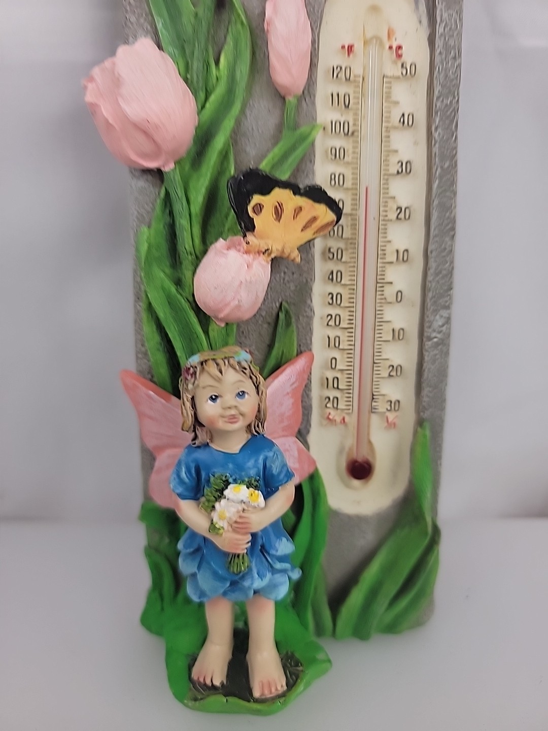 Resin Wall Fairy, Butterflie & Pink Lilies Plaque Thermometer