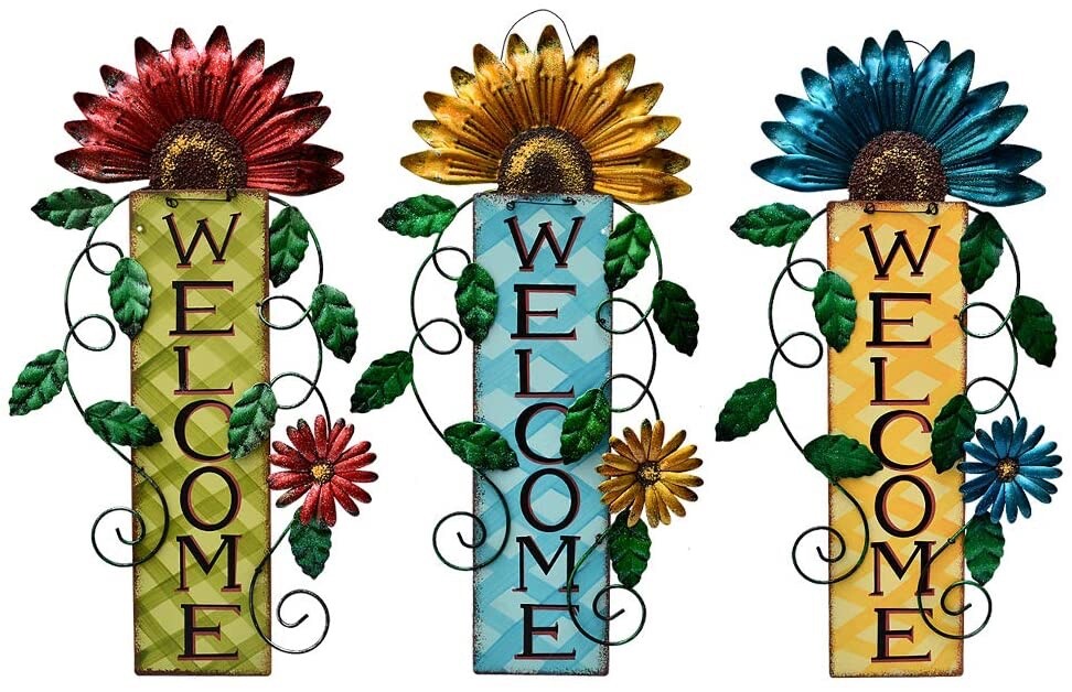 Welcome Sign for Front Door Decor Hanging Sign, Metal Flower Welcome Door Sign W