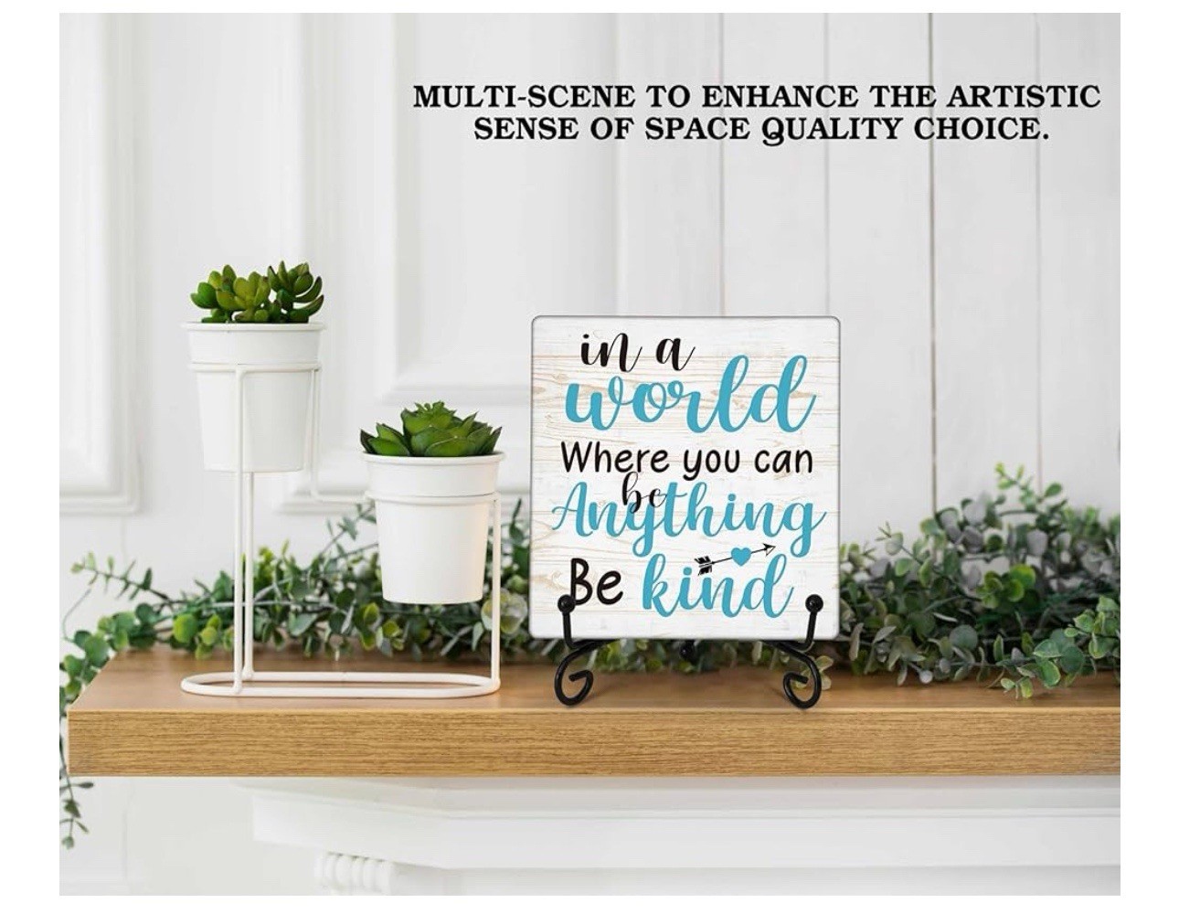 Inspirational Wood Plaque – “In a World… Be Kind” – 5×5 Decor with Iron Stand