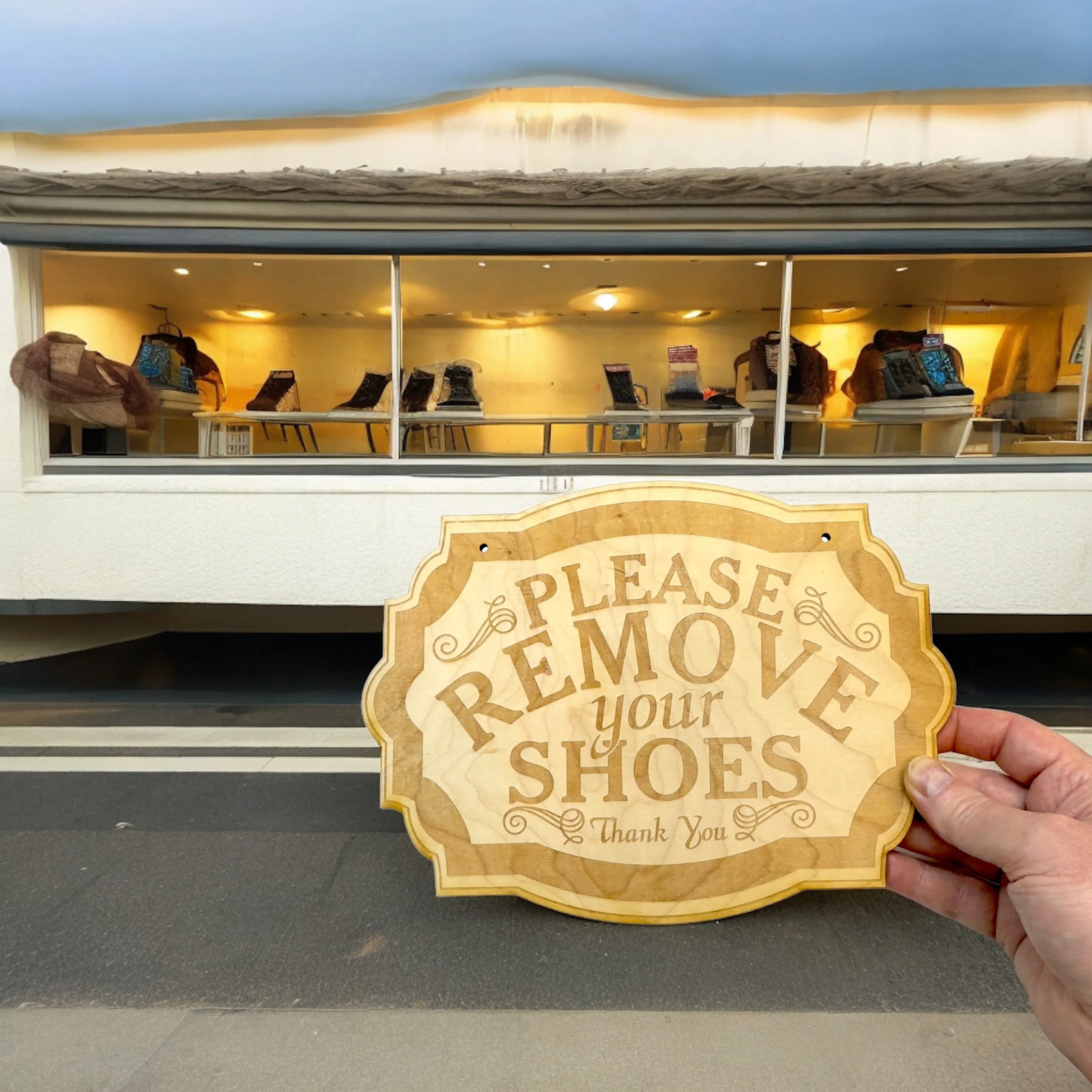 Please Remove Your Shoes – Raw Wood Door Sign 7×9.5in