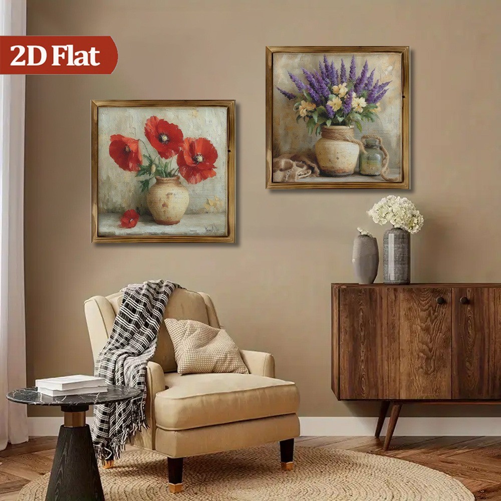 2Pcs Red Poppy Lavender Still Life Wooden Sign French Farmhouse Floral Decor