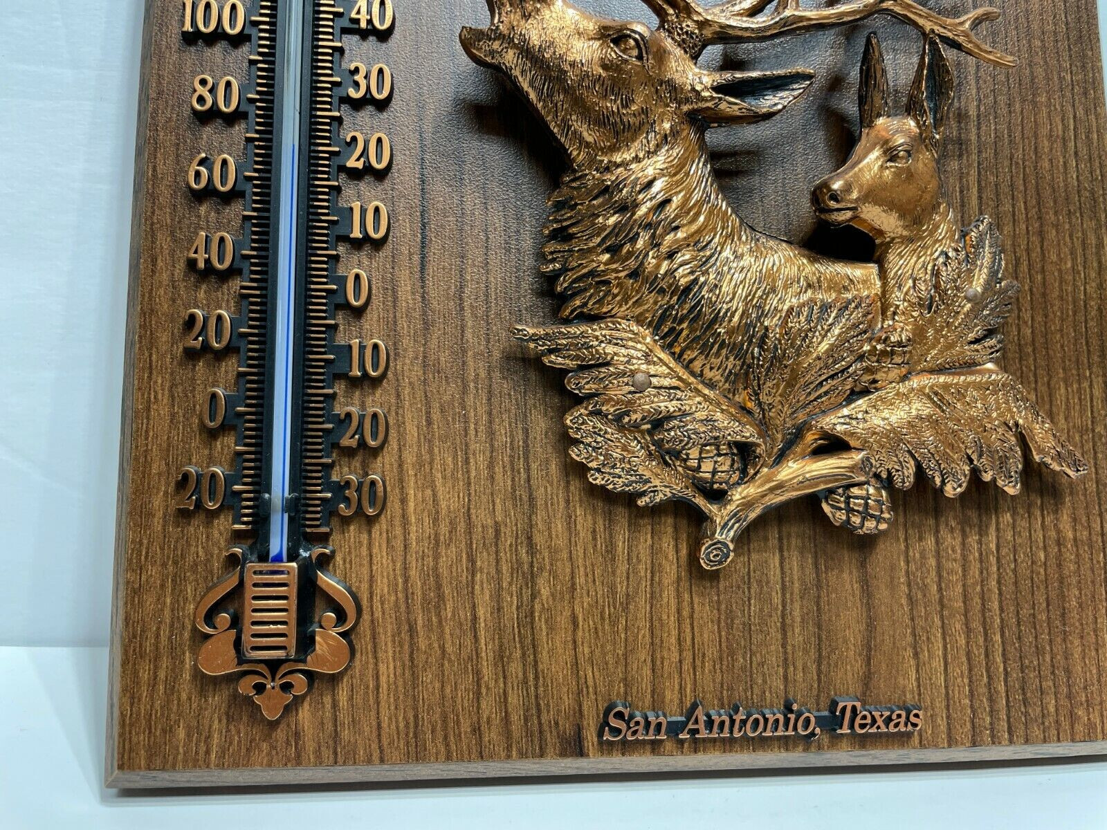 San Antonio TEXAS Wood WALL PLAQUE THERMOMETER Copper Color Deer Buck Lone Star