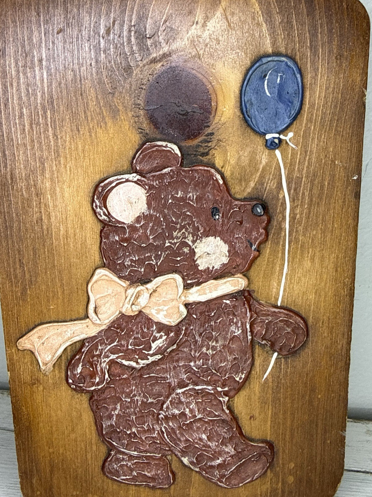 Vintage Wooden Teddy Bear Pink Bow, Balloon Sign Decor Farm Cottagecore Plaque