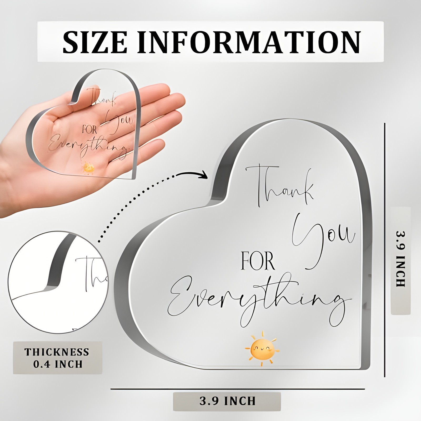 “Thank You For Everything” Acrylic Heart Plaque Smiling Sun Gratitude Gift