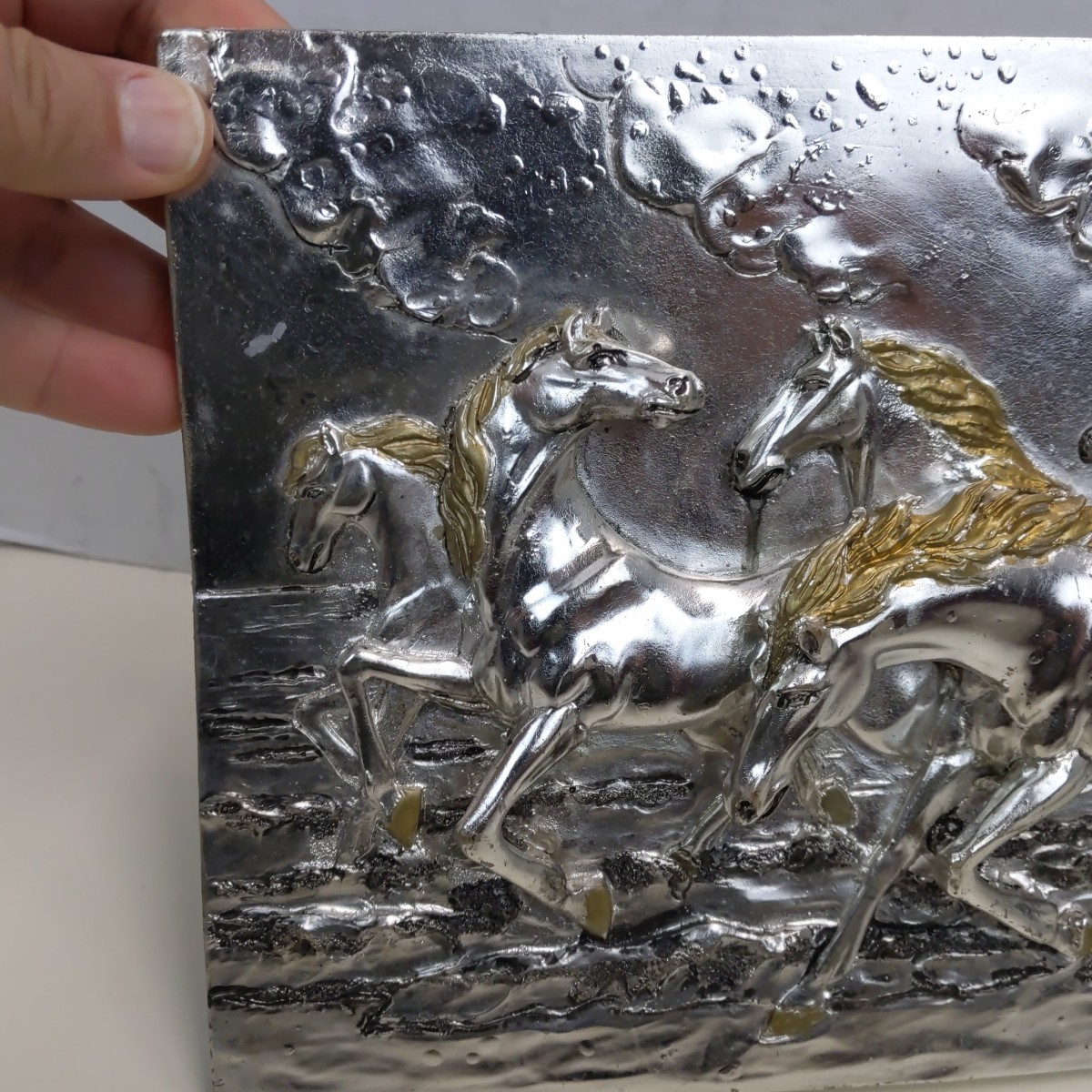 Sterling Silver Overlay Resin Running Horses Wall Art Relief Plaque Home Decor
