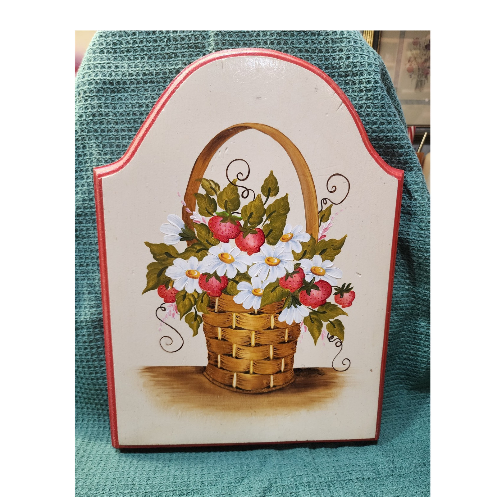 Hand Painted Floral & Strawberry Wood Decorative Rectangular Wall Plaque