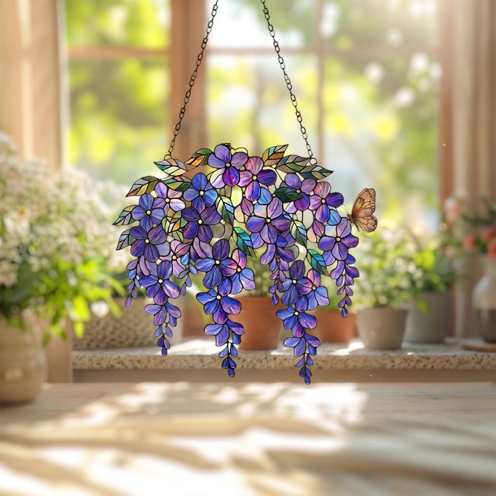 Purple Wisteria Acrylic Suncatcher, Stained Glass Style Floral Window Hanging