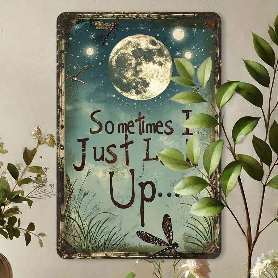 Sometimes I Just Look Up Tin Sign Vintage Metal Celestial Full Moon Wall Decor