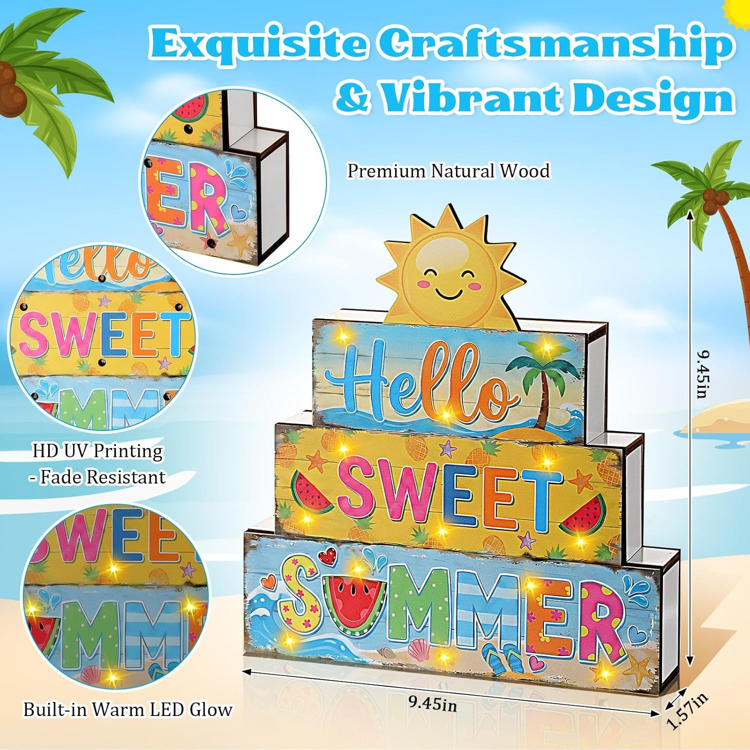 Hello Summer Decorations Sun Wooden Sign with 13 LED Lights Indoor Tabletop Gift