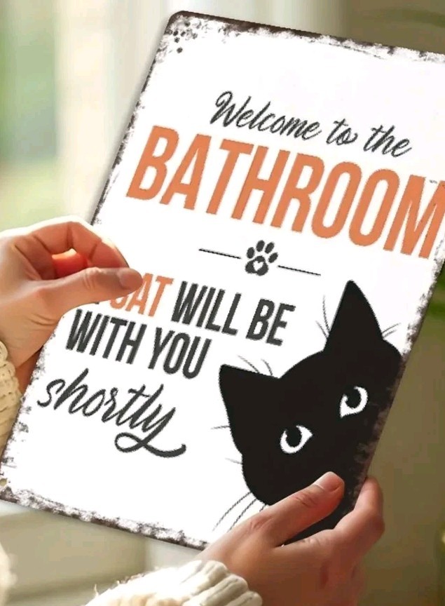 Funny Cat Bathroom Sign 8×12 Metal Wall Decor Retro Black Cat Gift House Humor