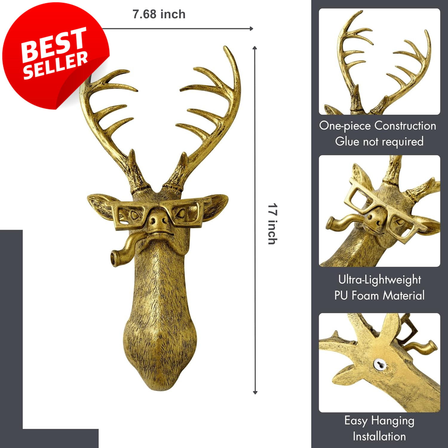 Gold Deer Head Wall Mount PU Foam 17in Lightweight Decor – US