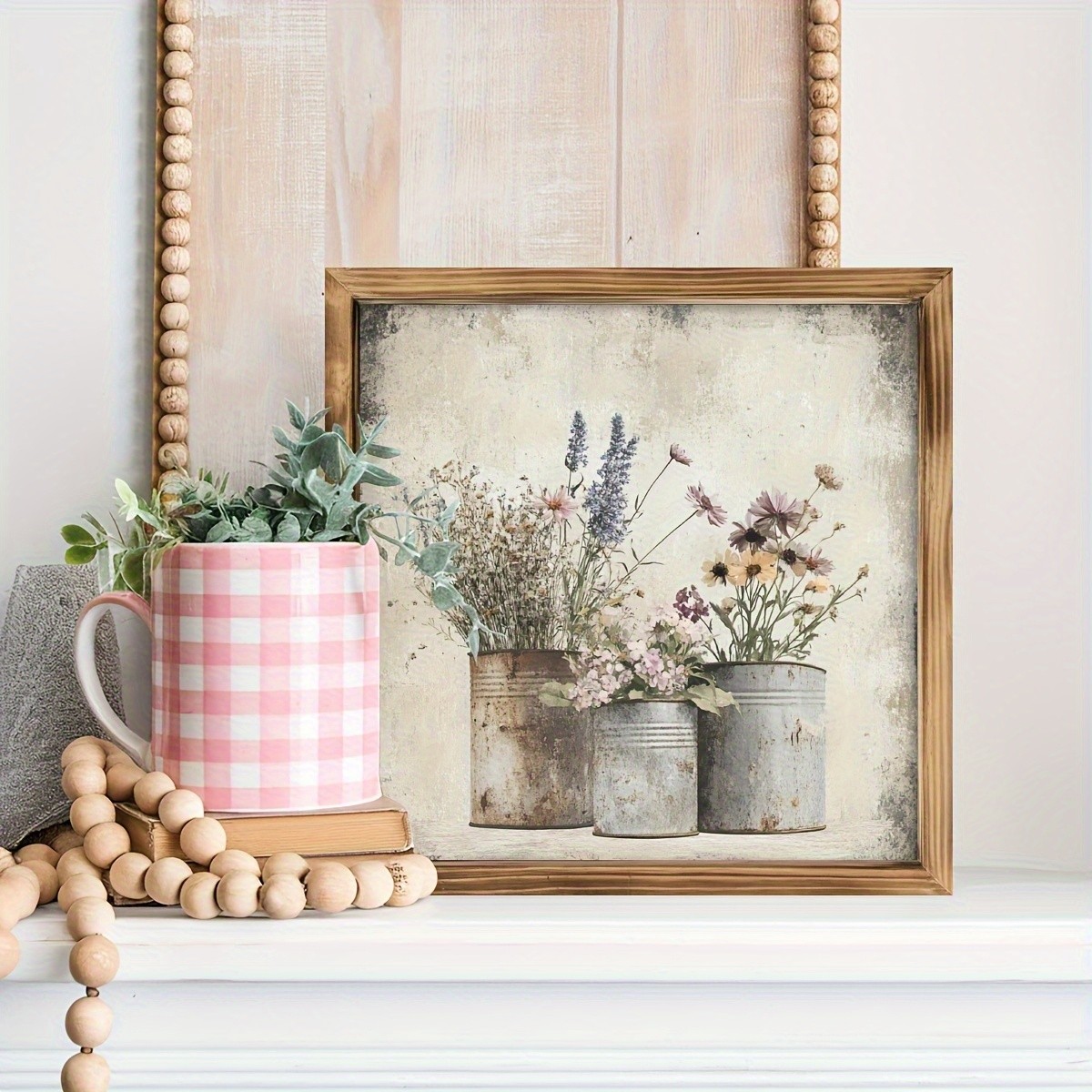 2D Vintage Dry Flower Wall Art Rustic Wood Frame Farmhouse Room Kitchen Decor
