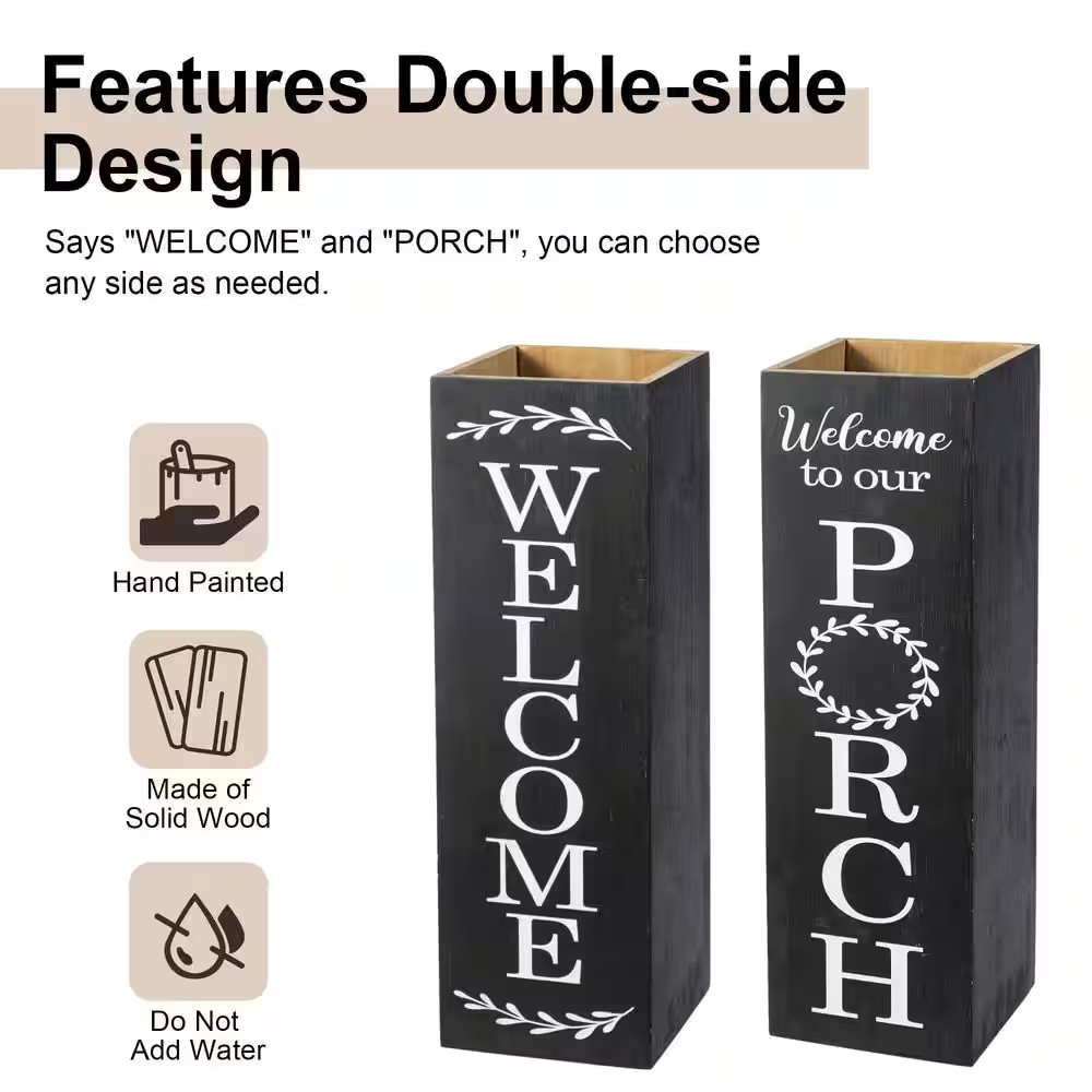 24 In. H Double Sided Solid Wood Black Boxed “WELCOME PORCH” Porch Sign