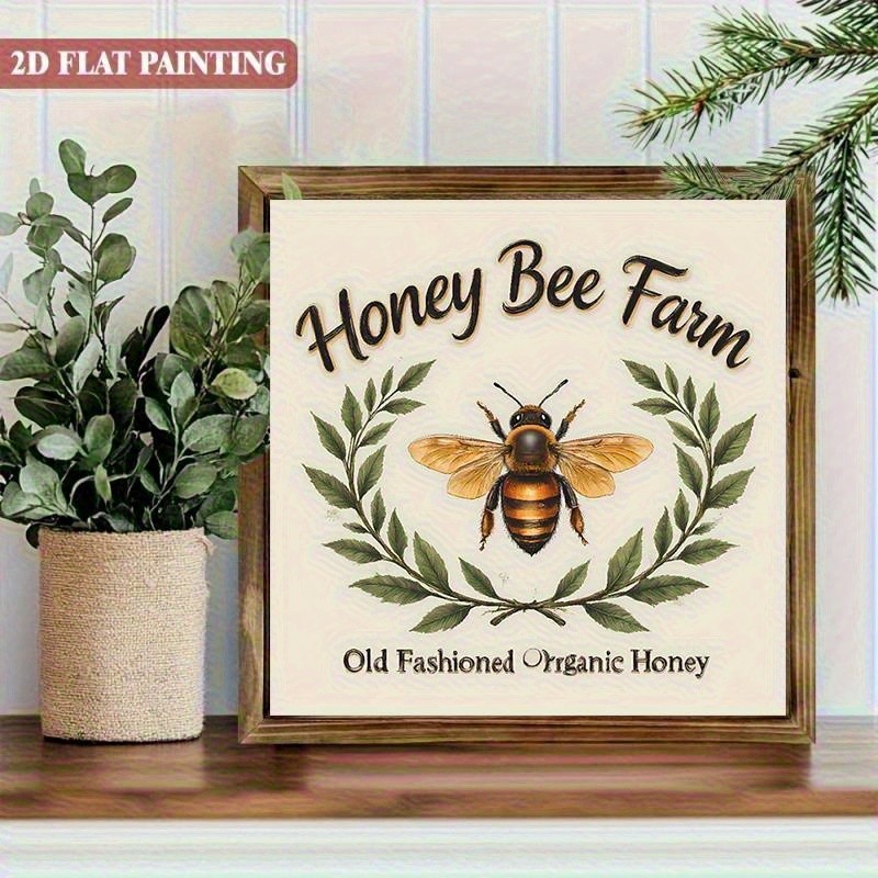 Honey Bee Farm Organic Honey Wreath Square Wooden Plaque Rustic Kitchen Decor