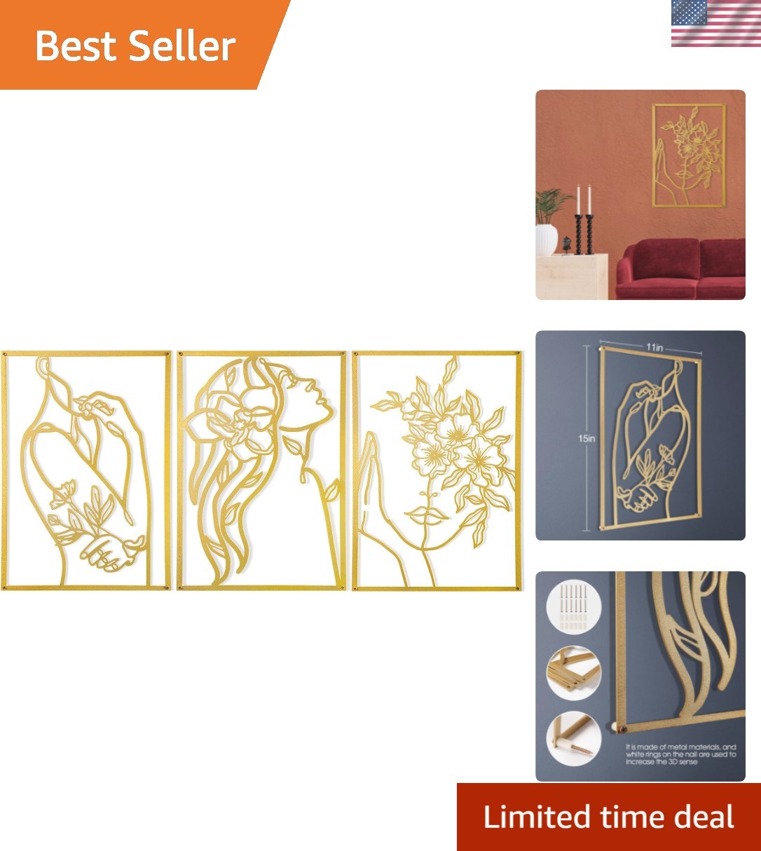 3 Pcs Gold Wall Decor Above Bed Minimalist for Living Room Metal Line Art – F…