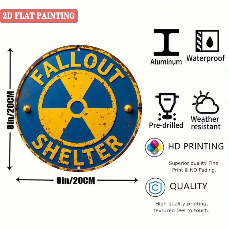 Shelter Sign – Fall Out Retro Nuclear Radiation Warning Metal Wall Art 8″