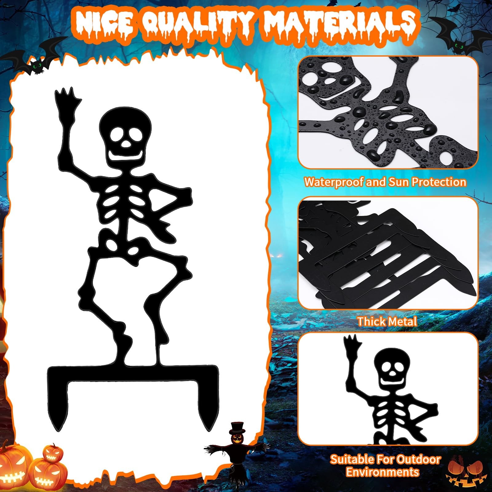 6 Pack Halloween Yard Stake 11.8″ Metal Skeleton Garden Stakes Black Hallowee…
