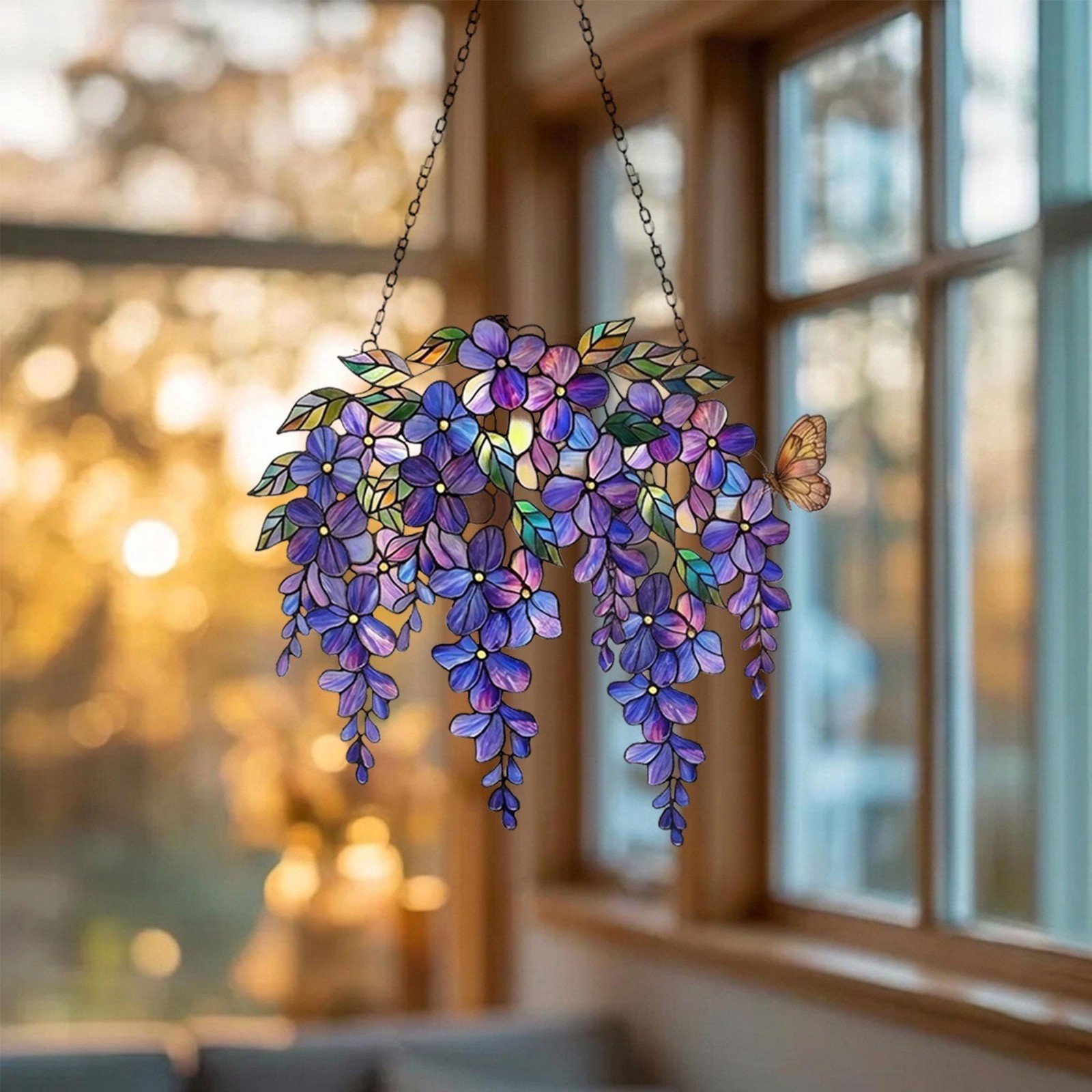 Purple Wisteria Acrylic Suncatcher, Stained Glass Style Floral Window Hanging
