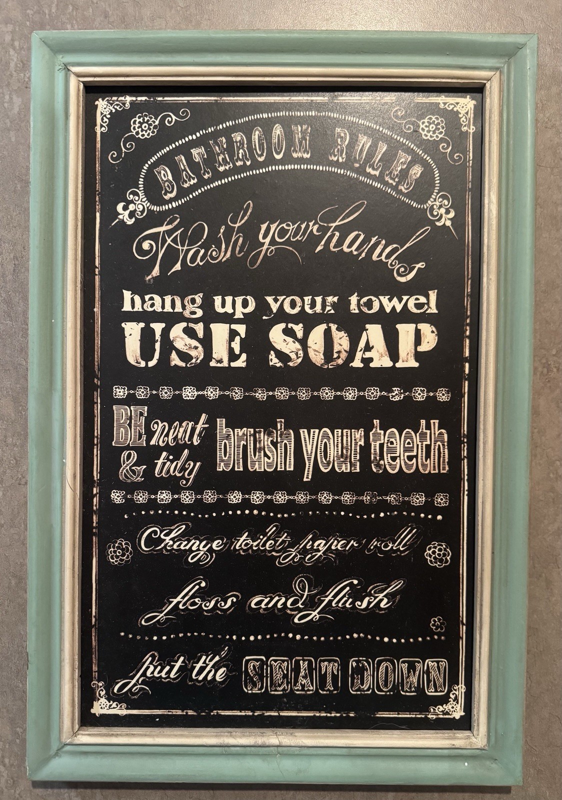 Vintage Bathroom Rules Wall Art 18″x12″ Bathroom Decor Teal And Black