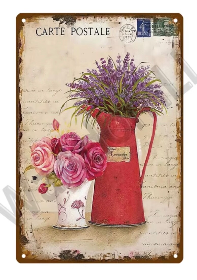 Vintage Metal Sign French Country Floral Carte Postale Lavender 8 x 12