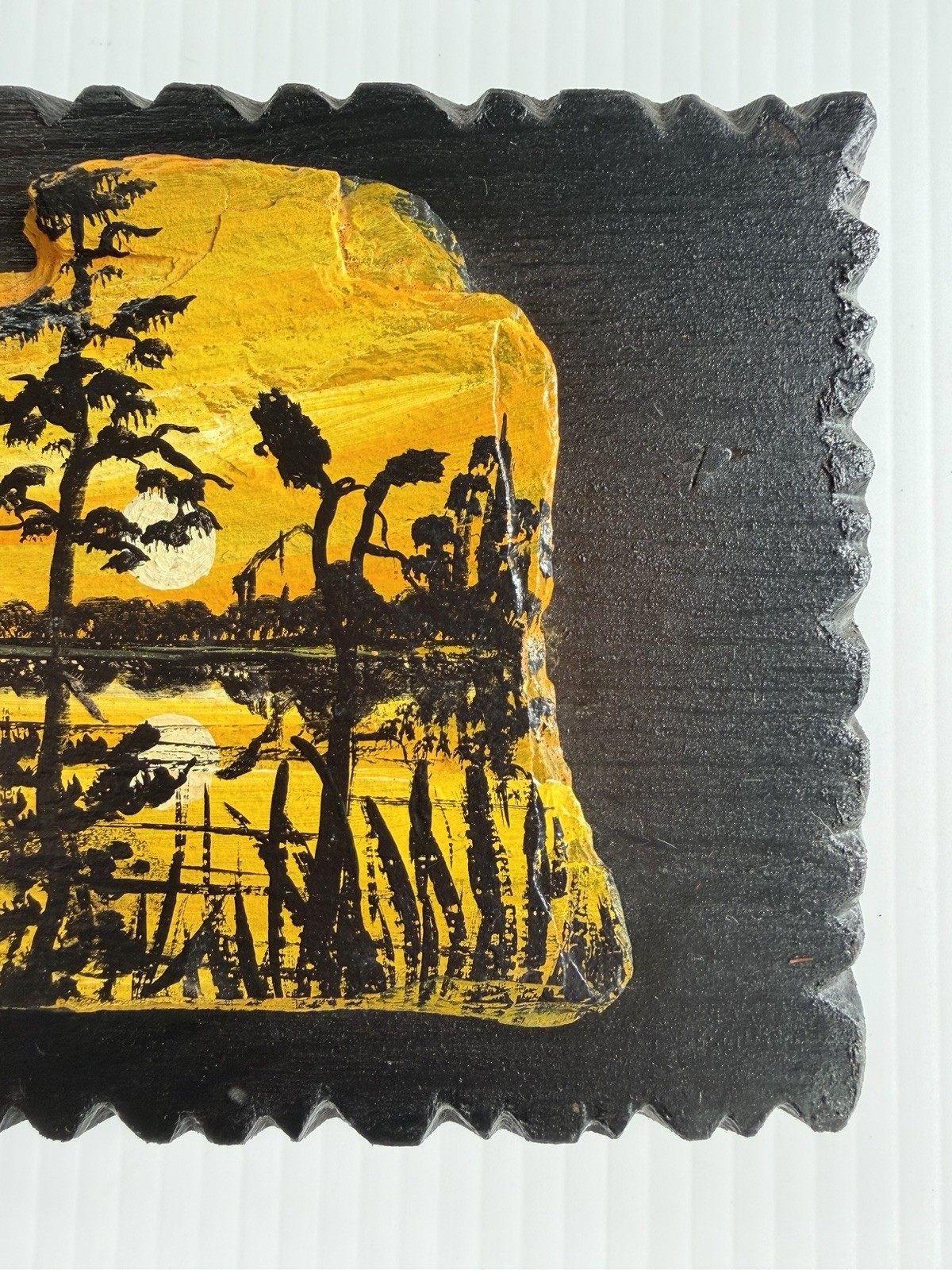 Vtg Hand Painted Slate Picture On Wood, Sunset Swamp Lake Scene Hanging Wall Art
