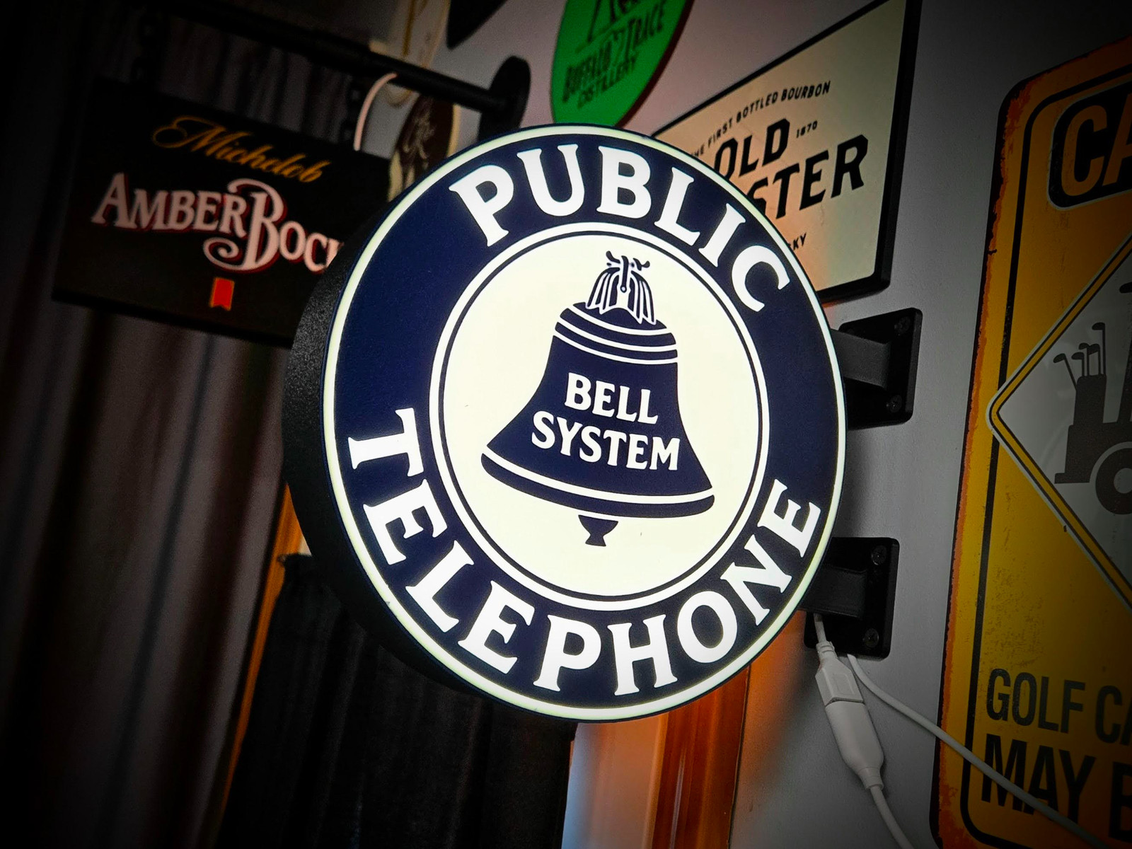 Bell System Telephone LED Lightbox Sign 3D Printed Round Wall Mount Man Cave
