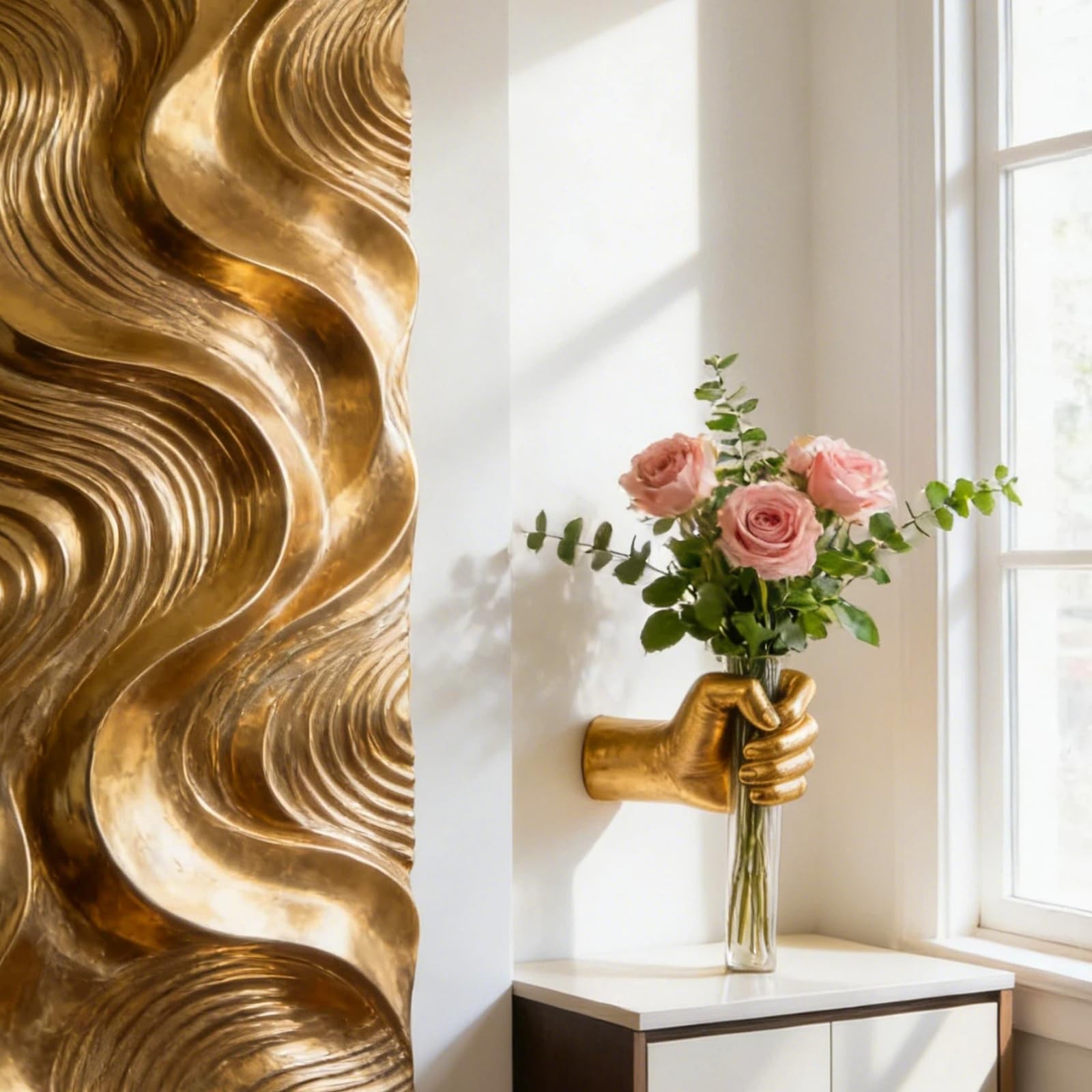 Gold Wall Sculptures, Hand Wall Vases Home Decor, Wall Mount Art Sculpture, U…
