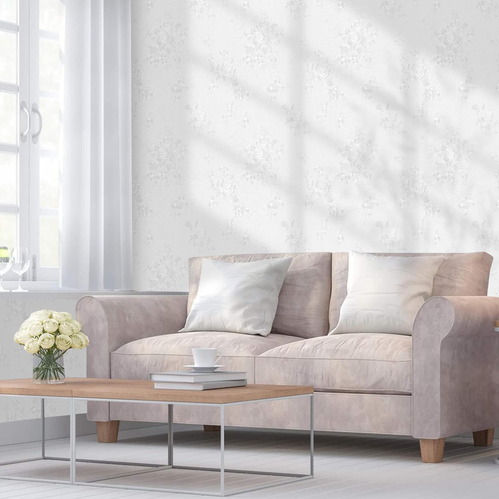 White Wallpaper Peel and Stick Contact Paper 17.3in x 118.1in Floral Embossed…
