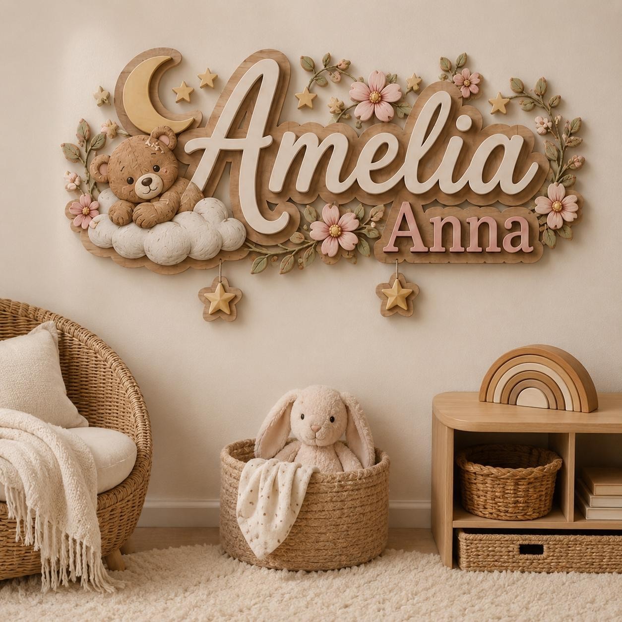 Personalized Teddy Bear Baby Name Sign, Custom Wooden Nursery Name Sign, 3D Moon