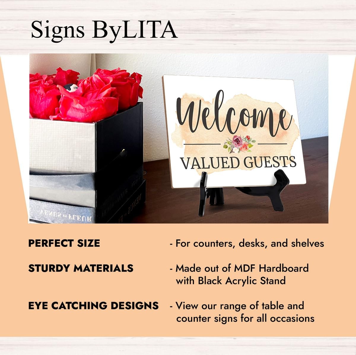 Signs ByLita Welcome valued guests, Table Sign With Acrylic Stand (8 x 6″)