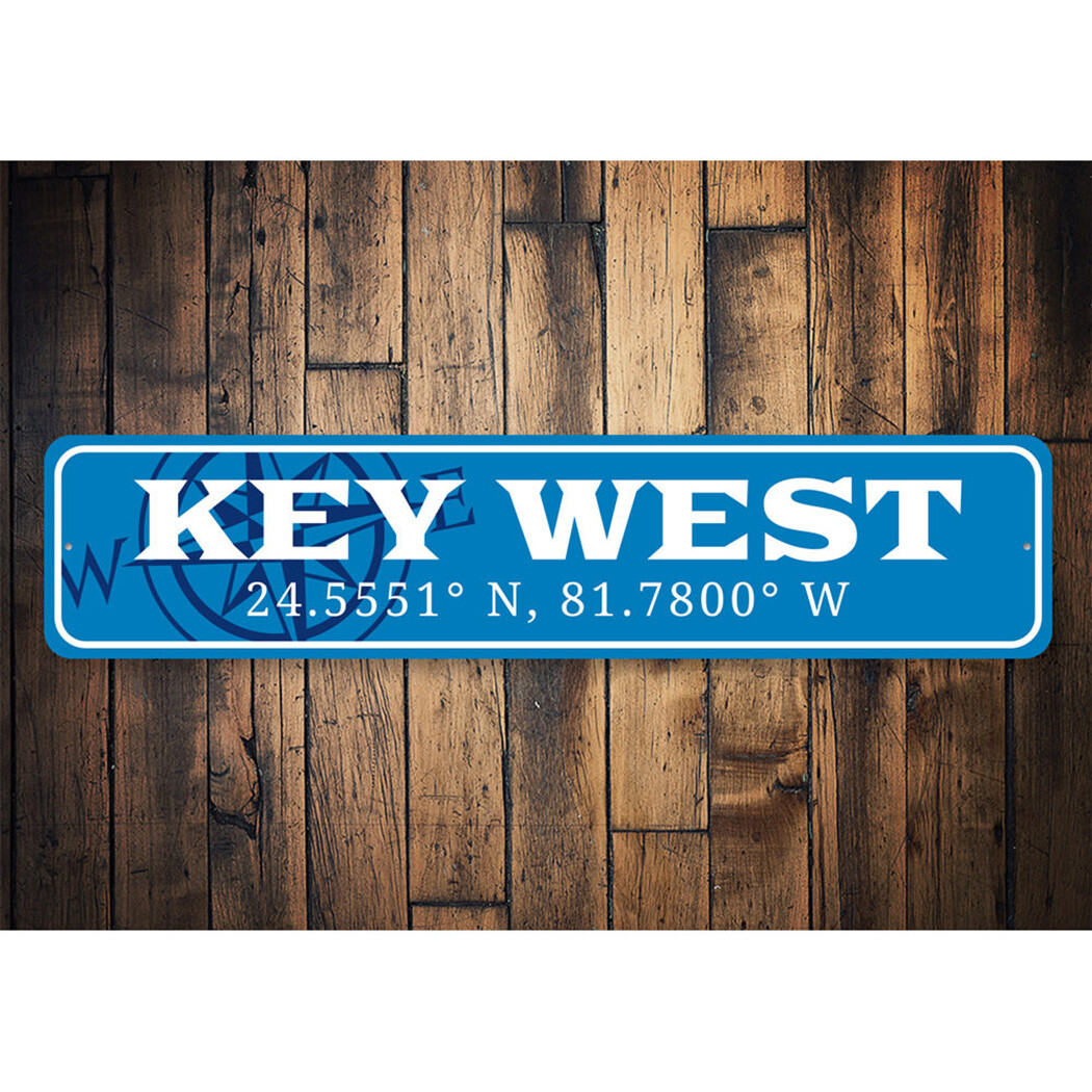 Key West with Coordinates and Compass Design, Beach House Decorative Metal Sign