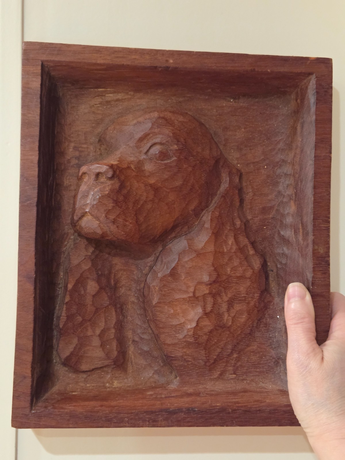 Handcrafted 3D Wood Carved Dog Wall Hanging Decor 10 x 8 In