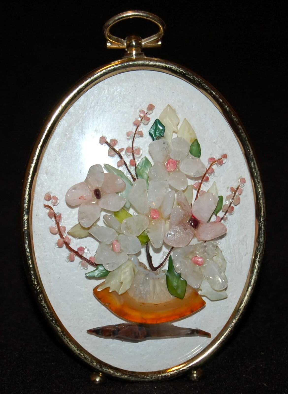 VINTAGE Brass Framed Polished Stones Flower Art MAGNIFICENT!