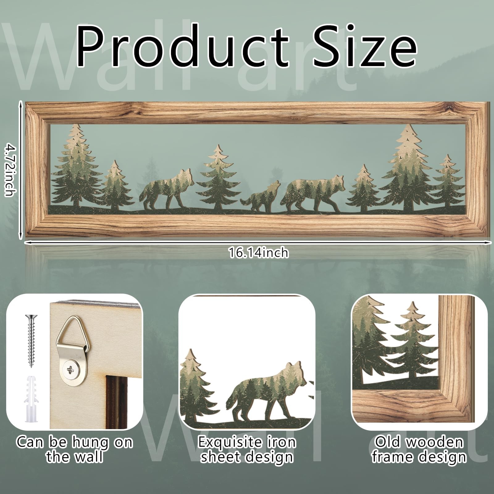 Woodland Wolf Wall Art 16 Inch Wood Frame Metal Rustic Forest Animal Wall Dec…