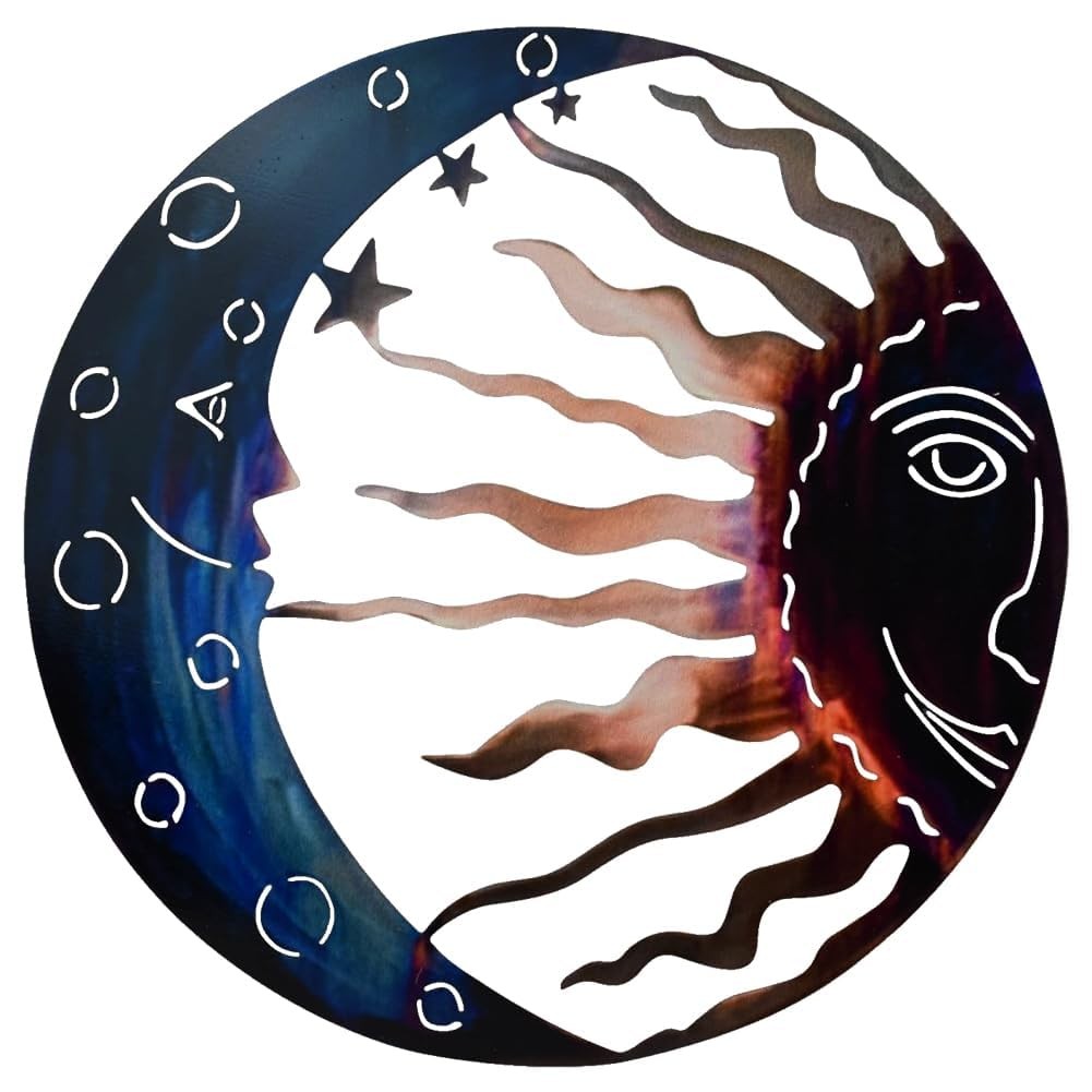 Metal Sun Moon Wall Art Decor, 12″ Large Outdoor Fence Sculpture with Stars f…