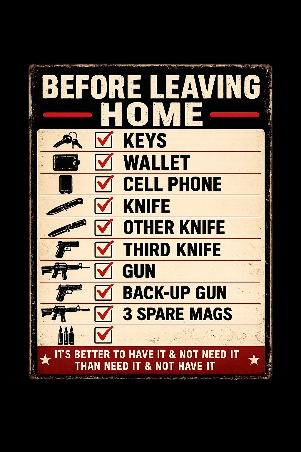 Before Leaving Home Funny Checklist Sign 8×12 Aluminum Man Cave Garage Decor