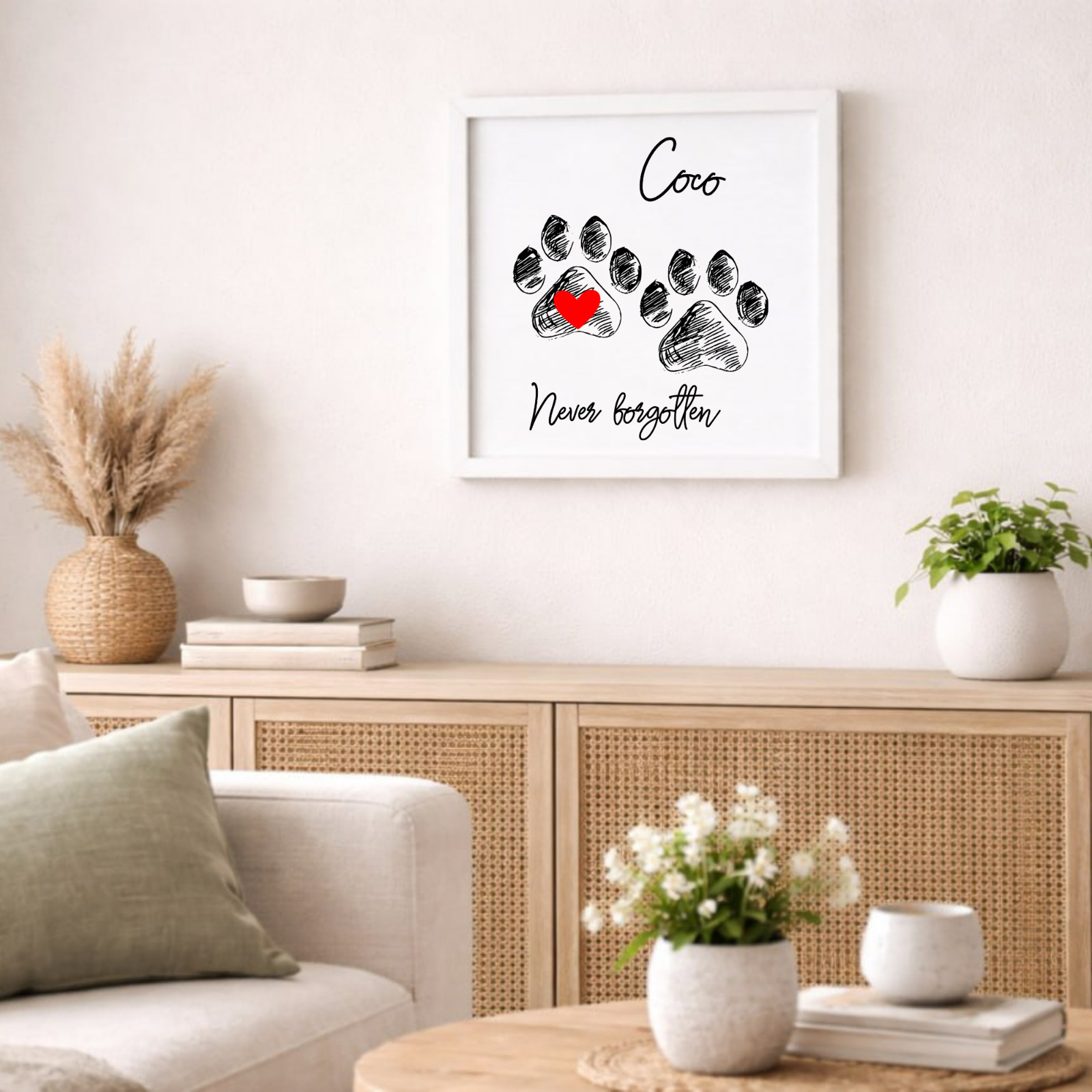 Personalized Dog Paw Memorial Sign Laser Engraved Pet Loss Gift on Wood in Frame